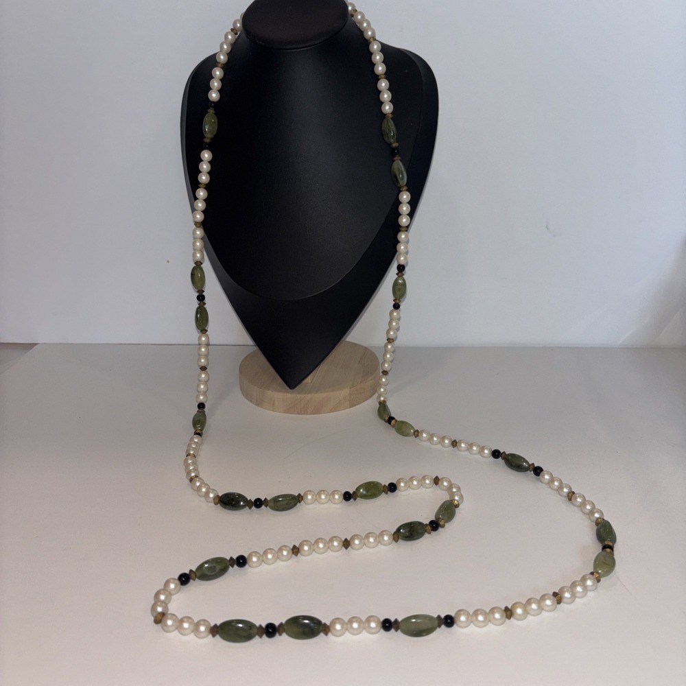 Vintage 60" Extra Long Faux Pearl & Green Glass Bead Opera Length Necklace